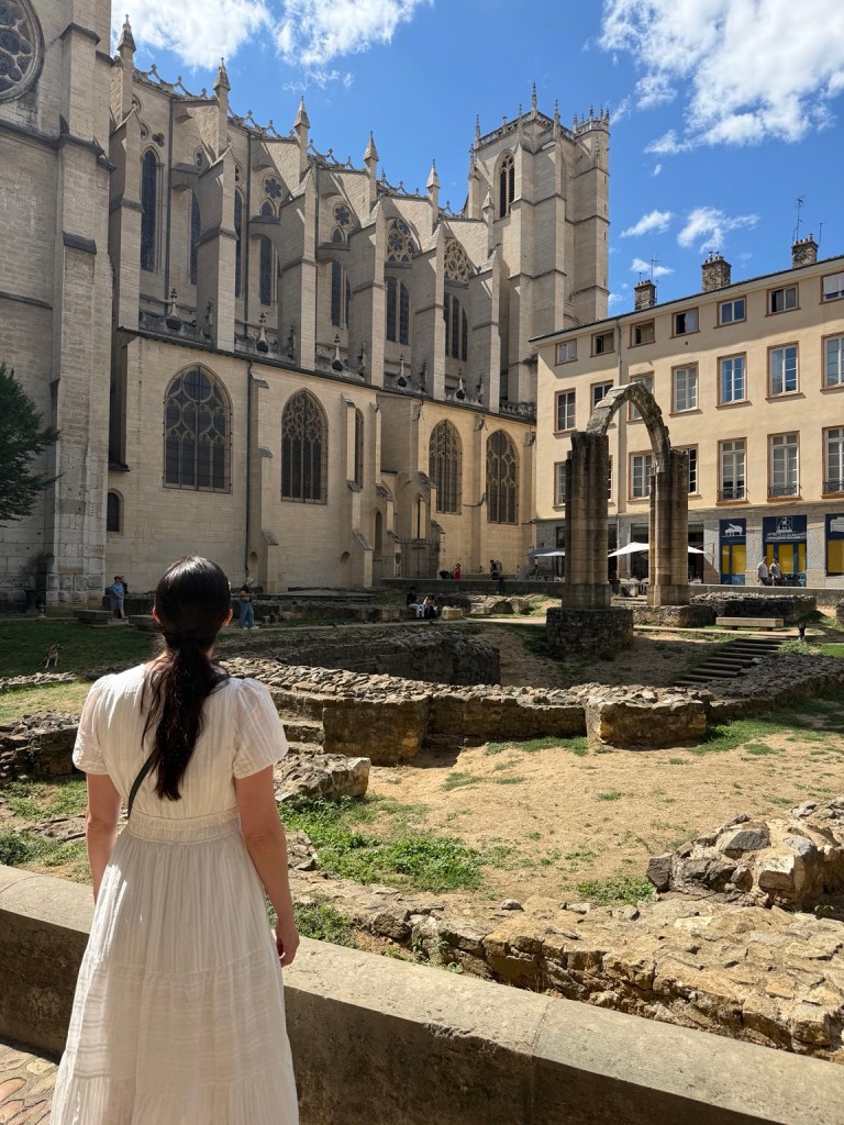 Bridget looking over archaeological remains in Lyon’s old town