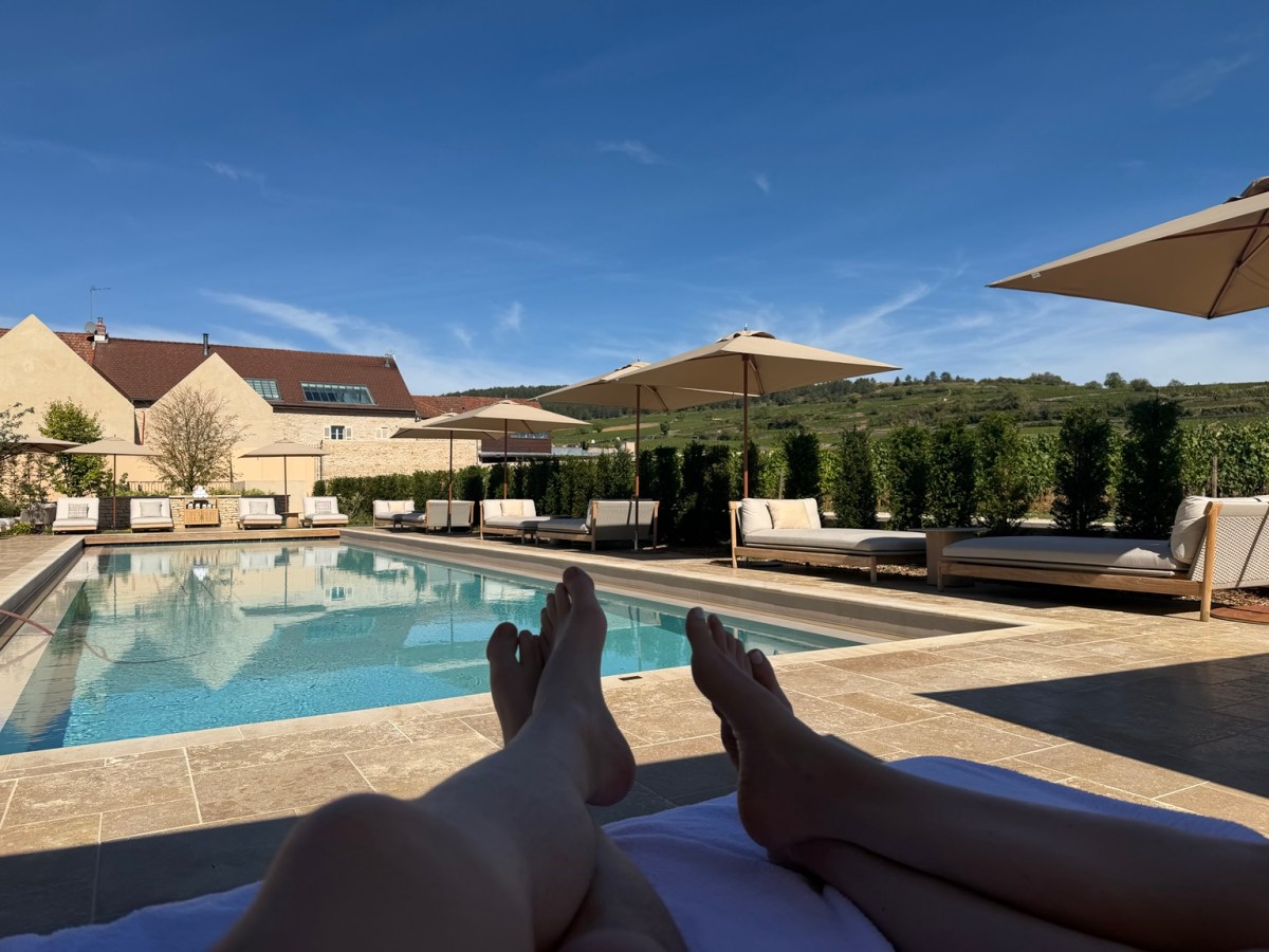 Hotel pool with loungers and vineyard hills beyond
