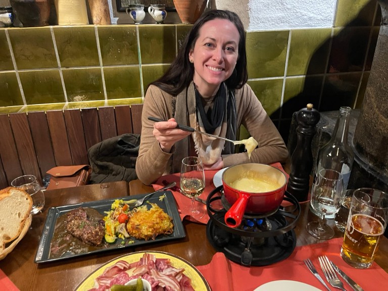 Bridget enjoying cheese fondue