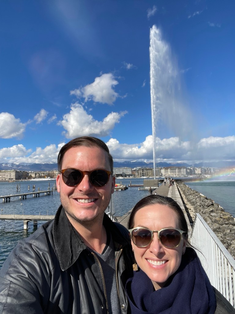Lou and Bridget with the Jet d’Eau in Geneva