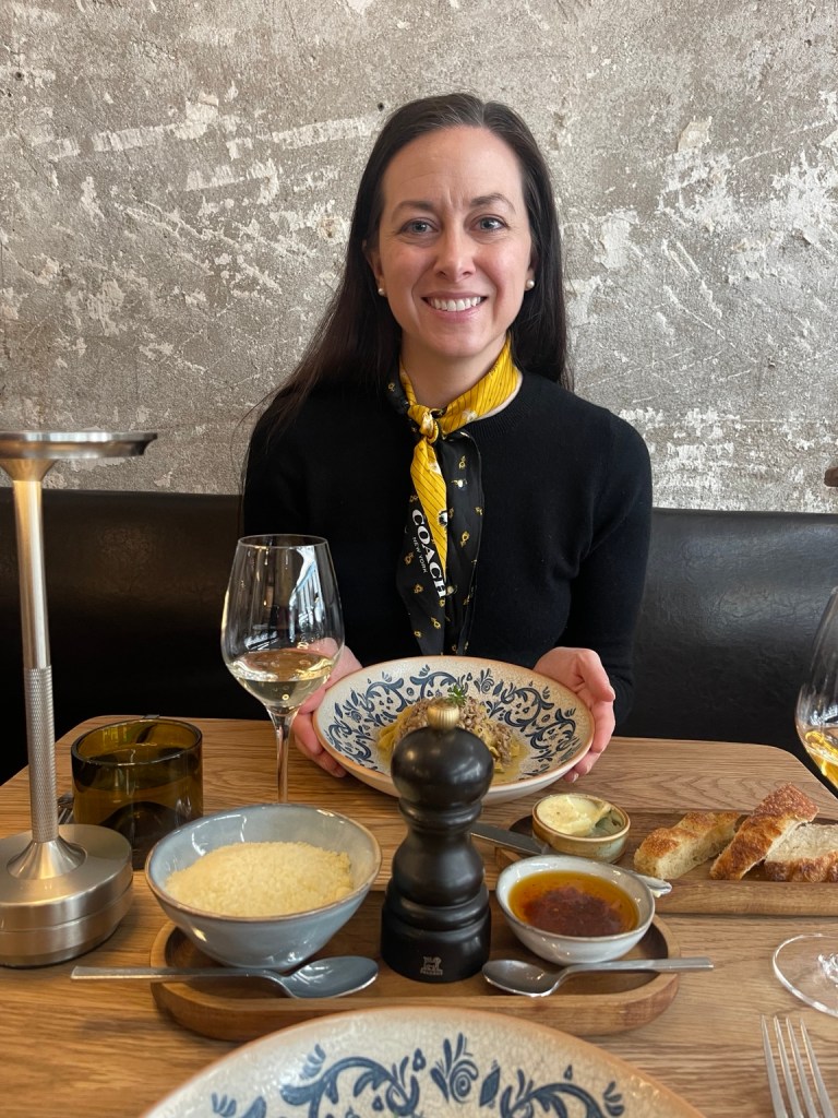 Bridget enjoying a meal in Geneva